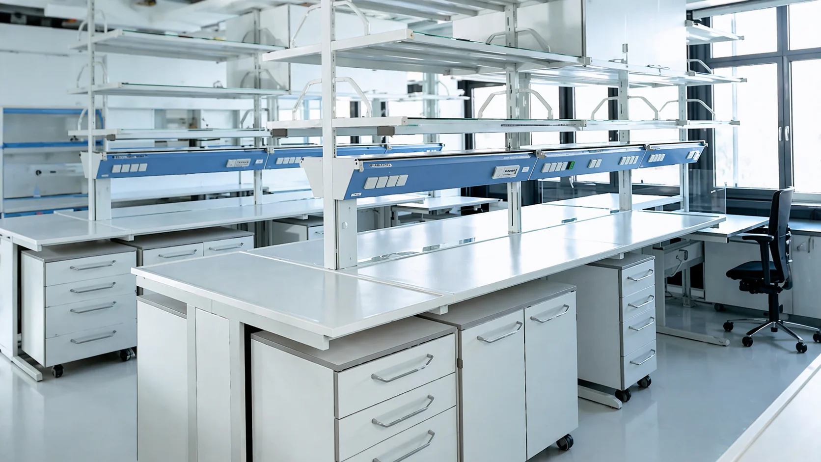 Arbeitsplattenbereich in einem Labor, mit mehreren KeraLab-Labortischplatten